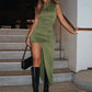 Summer Ruched Split Maxi Dress Women Gown Fashion Solid O Neck Sleeveless High Waist Tank Dress 2025 New Dresses