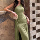Women One Shoulder Ruched Sexy Maxi Dress Elegant Sleeveless Backless Metal Buckle Waist Draped Club Party Long Dress