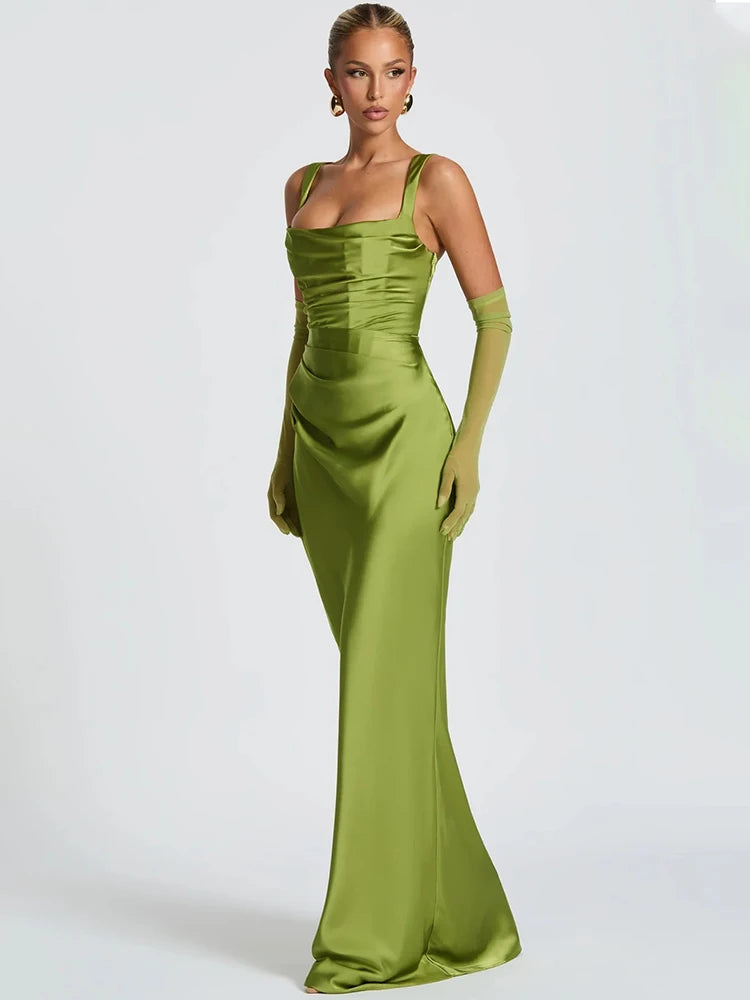 Satin Backless Sexy Maxi Dress Women Elegant Halter Off-shoulder Sleeveless Lace-up Bodycon Club Party Long Dresses