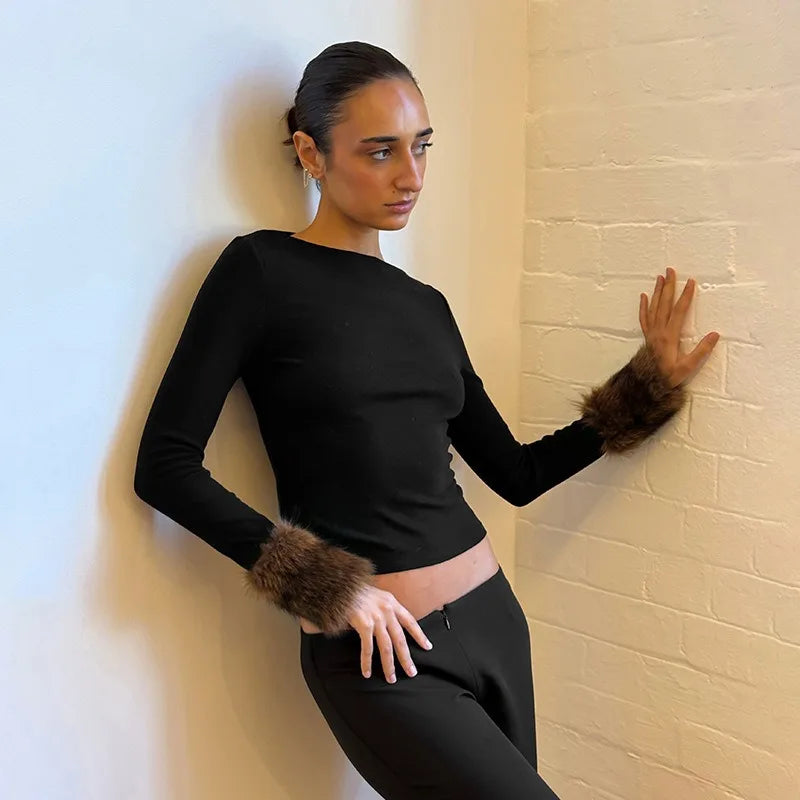 Black Long Sleeve Top with Fluffy Faux-fur Cuffs Fashion 2026 Fall Winter Clothes for Woman T Shirts