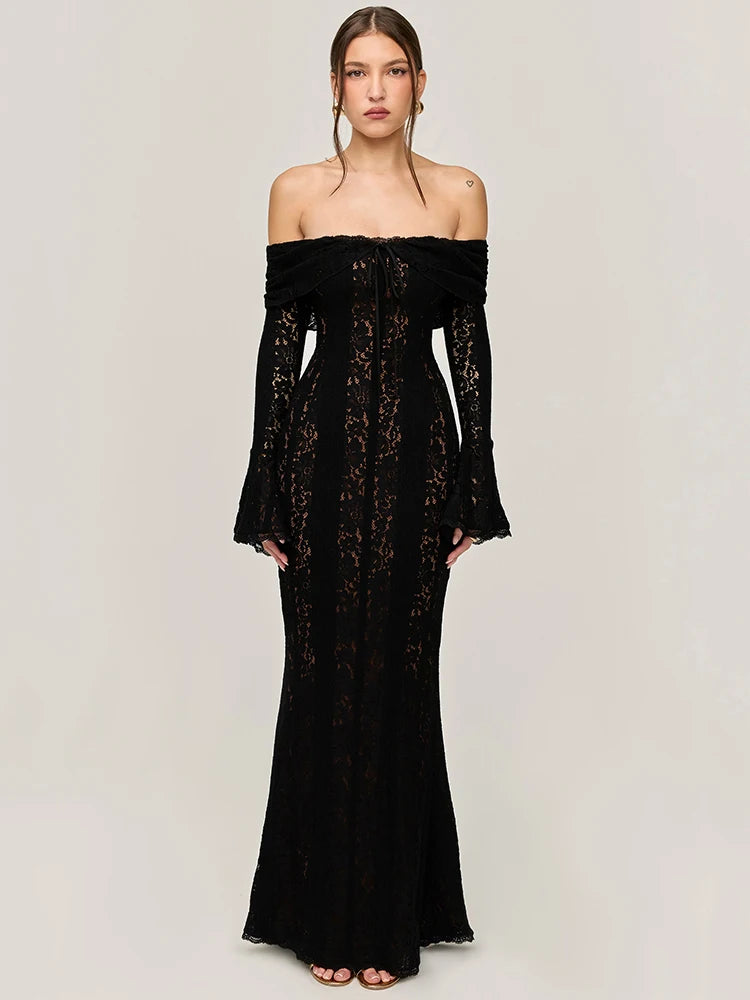 Lace Off-shoulder Sexy Maxi Dress Women Strapless Backless Long Sleeve Bodycon Evening Club Party Long Dress Elegant