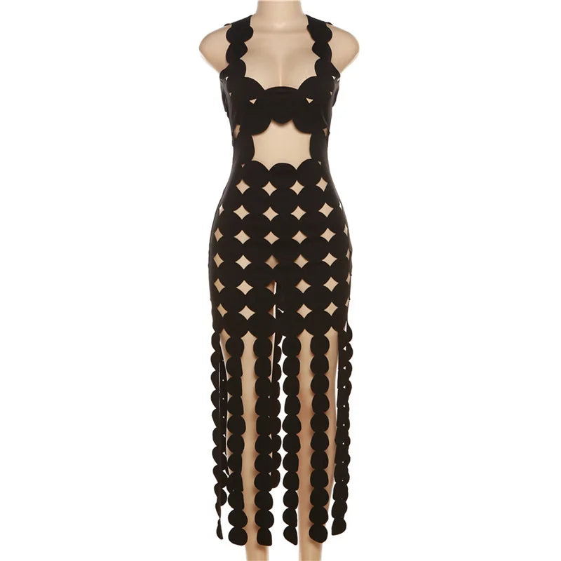 Women Sleeveless Cut Out Dot Mesh Maxi Dress Tassel Hem See Through Bodycon for Party Club Night Out Events