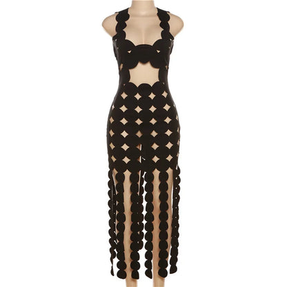 Women Sleeveless Cut Out Dot Mesh Maxi Dress Tassel Hem See Through Bodycon for Party Club Night Out Events