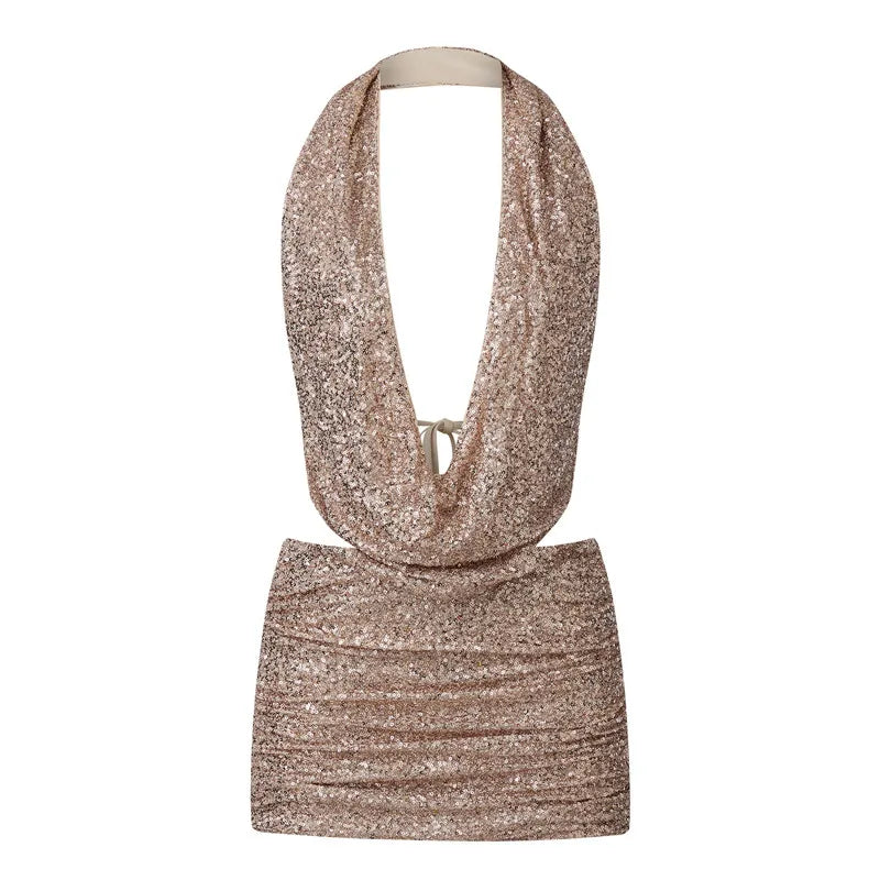 Women Sequin 2 Piece Outfit Sparkly Sexy Bodycon Sleeveless Halter Crop Top Split Mini Skirt Set Going Out Club Suit