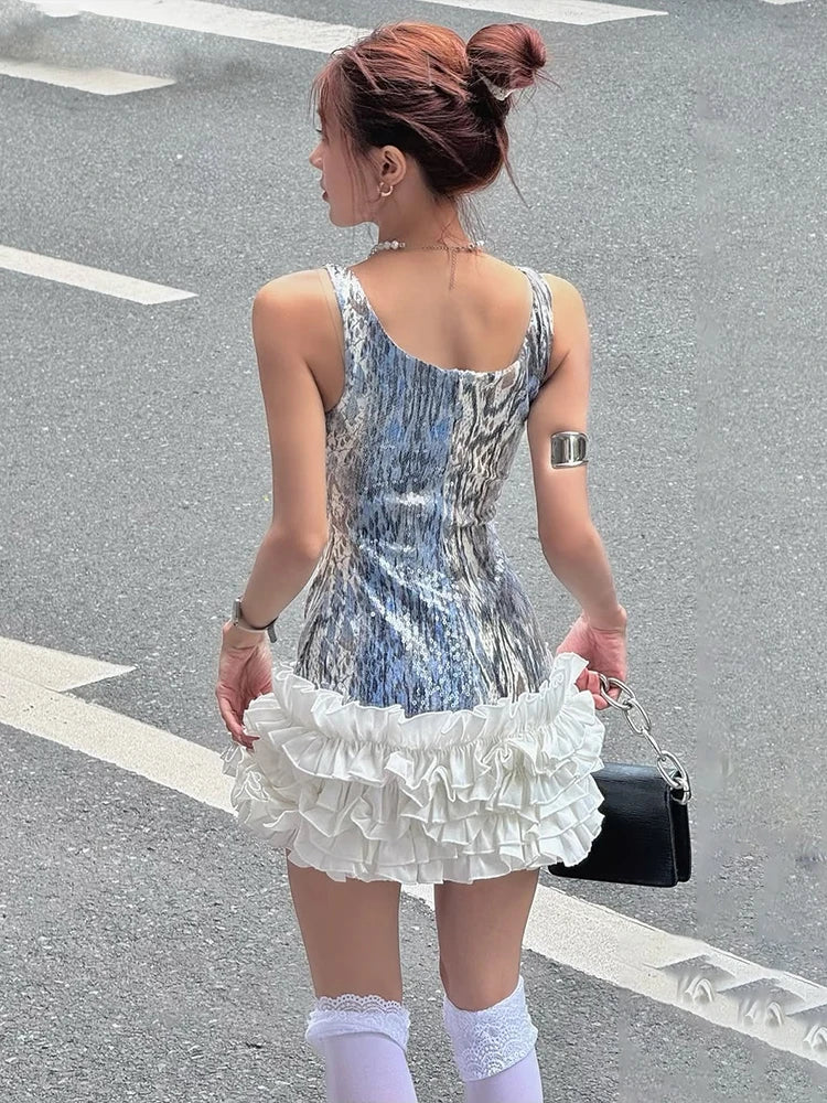 Chic Sequins Leopard Dress Women Y2K Sleeveless Square Collar Tierred Hem Skinny Street Clubwear Hottie Sexy Bodycon