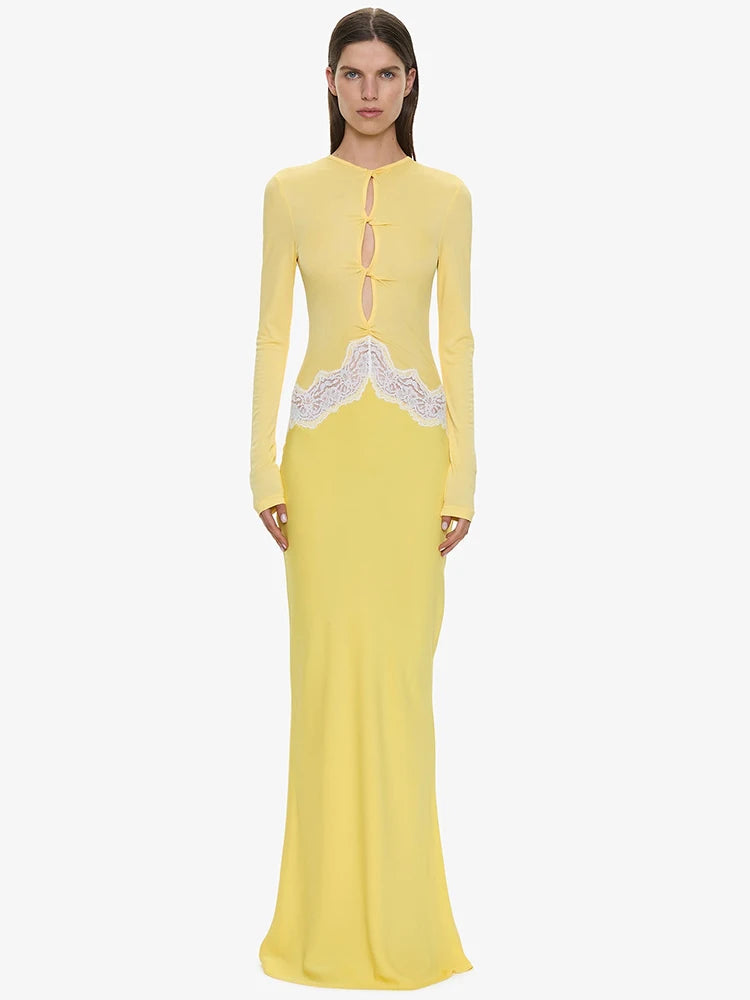 Women Color Block Maxi Dress Long Sleeve Cutout Mesh Top With Lace Trim Bodycon Mermaid Long Evening Party Dress