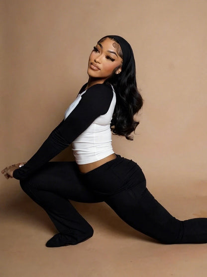 Christmas Party 2Piece Set Woman Contrast Patchwork o-Neck Full Sleeve Crop Tops+High Waist Long Pant Casual Fashion Suit