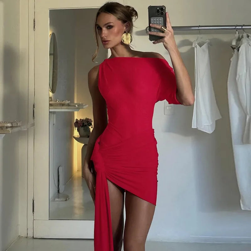 Asymmetrical One Shoulder Ruched Draped Mini Dress Red Sexy Dresses for Birthday Woman Party Club Outfits