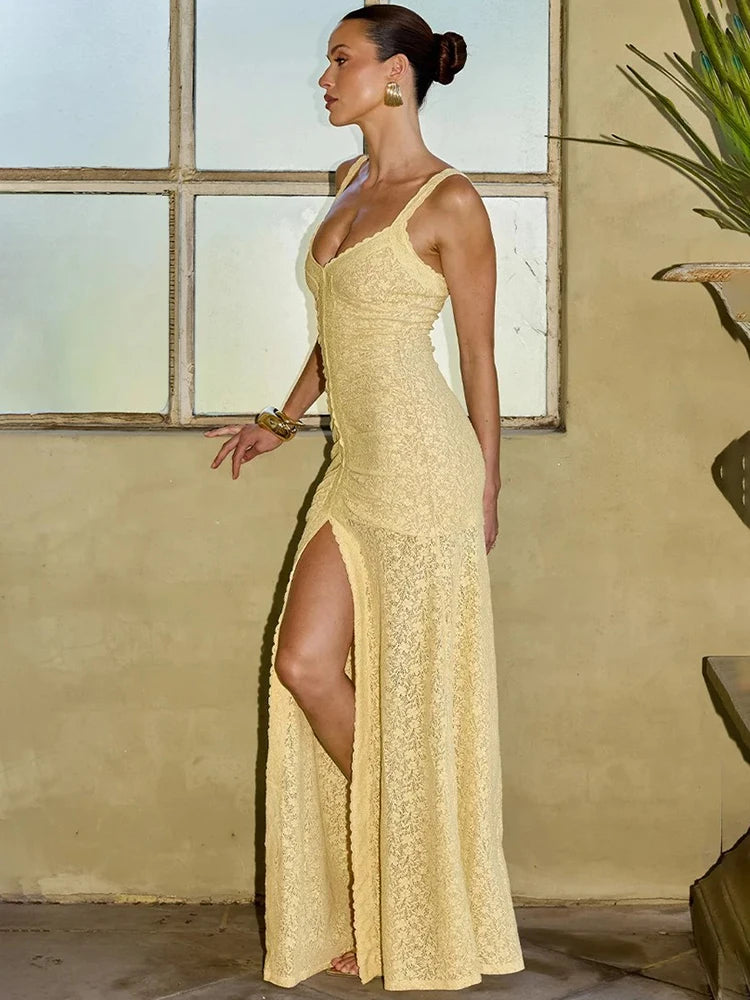 Women Lace Sexy Maxi Dress Deep V Neck Ruched Bodycon Dress High Slit Sleeveless Evening Party Cocktail Formal Dresses