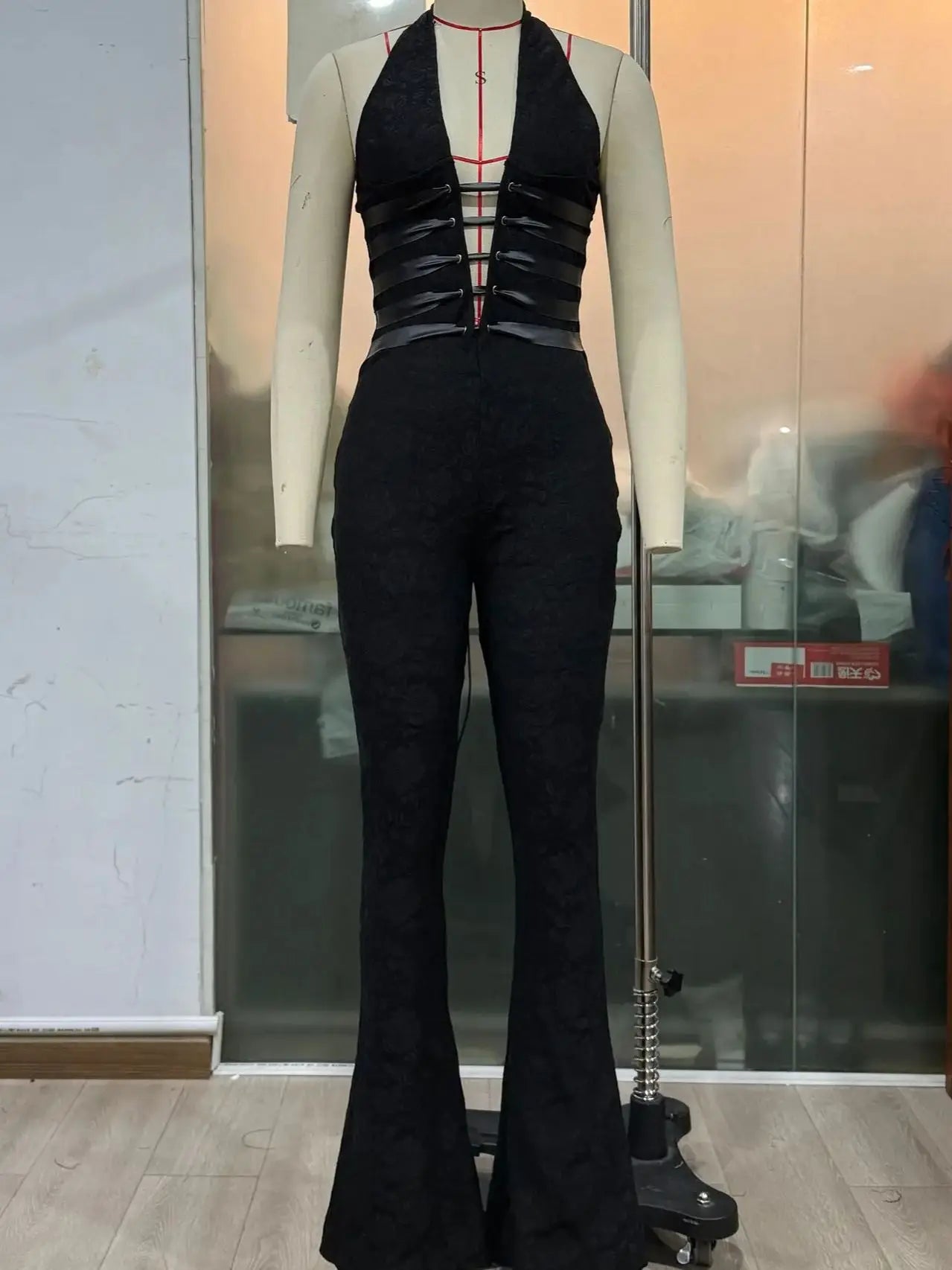Hollow Bandage Jumpsuits Women Halter Sexy Jacquard Backless Sleeveless Skinny Street Workout Club Hipster Overalls