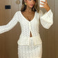 Sexy Knit Skirt Two Piece Sets Women Fashion Hollow Out V Neck Long Sleeve Cardigans And Mini Skirt Matching Sets