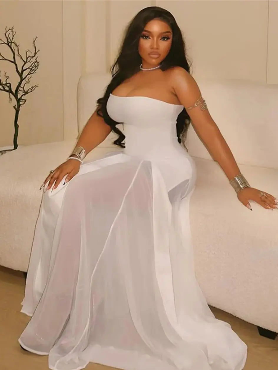 Elegant Strapless Dress Women Solid Y2K Patchwork Mesh Hem Birthday Party Evening Banquet Sexy Vacation Chic Bodycon