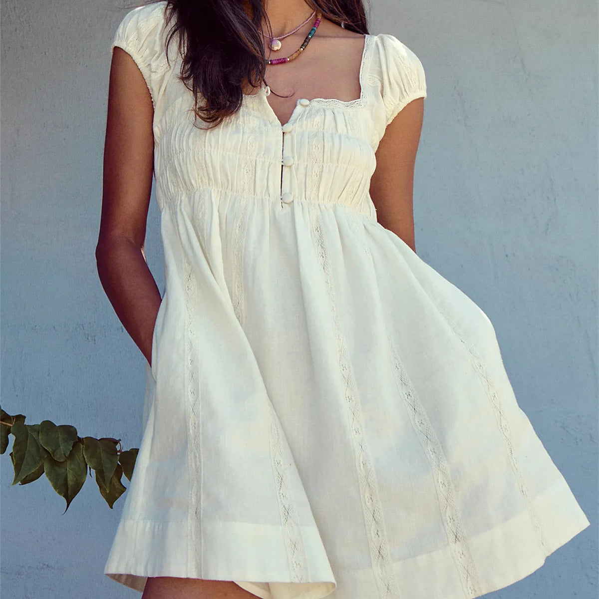 Womens Boho Mini Dress Square Neck Backless Tie Neck Puff Sleeve Smocked Waist A Line Dress Casual Summer Vacation Beach