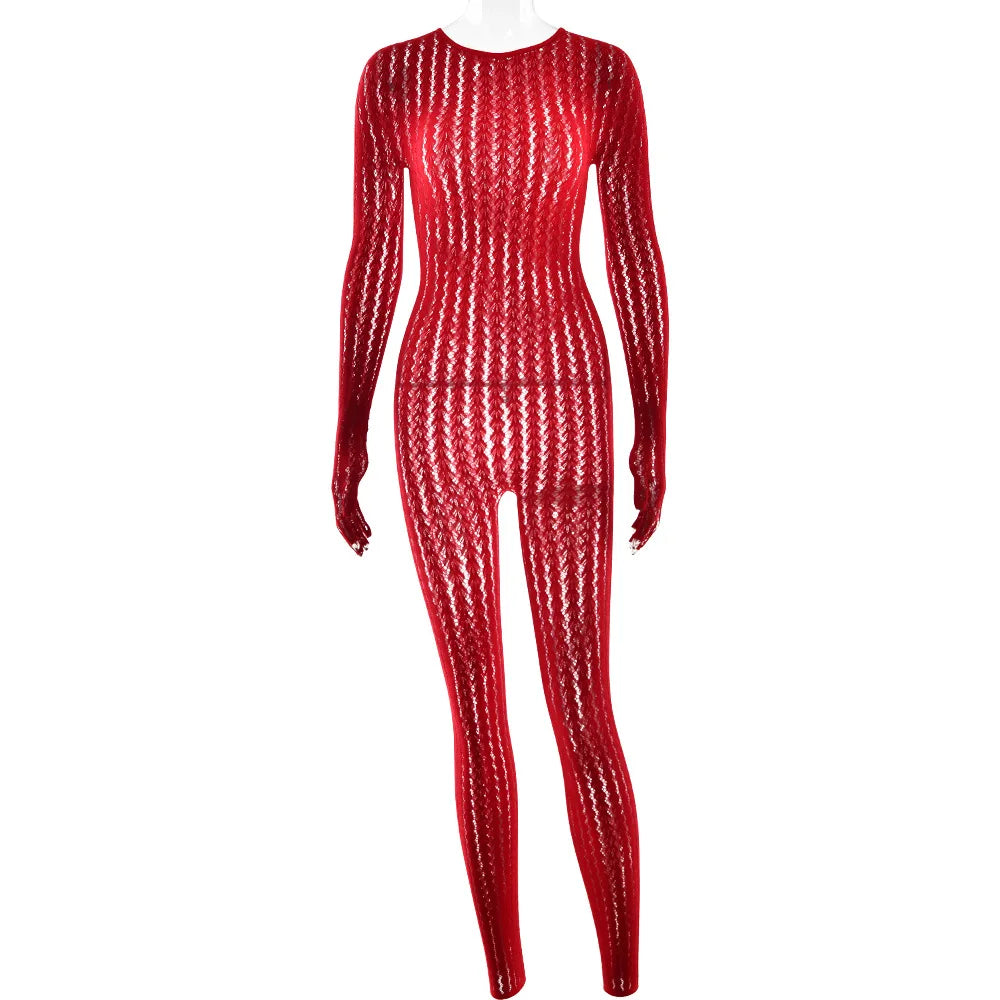 See Through Seamless Striped Jacquard One Piece Long Sleeve Jumpsuit Sexy All Black Outfits for Woman Baddie