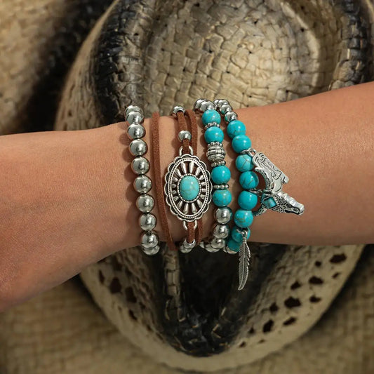 4Pcs/Set Ethnic Vintage Feather Pendant Round Beads Bracelets for Women   Creative Adjuatable Rope Chain Party Jewelry