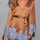 Women's Satin Lace Trim Dress Elegant Contrast Color Long Sleeve V Neck Mini Dress for Daily Nightgown Sleep Robe