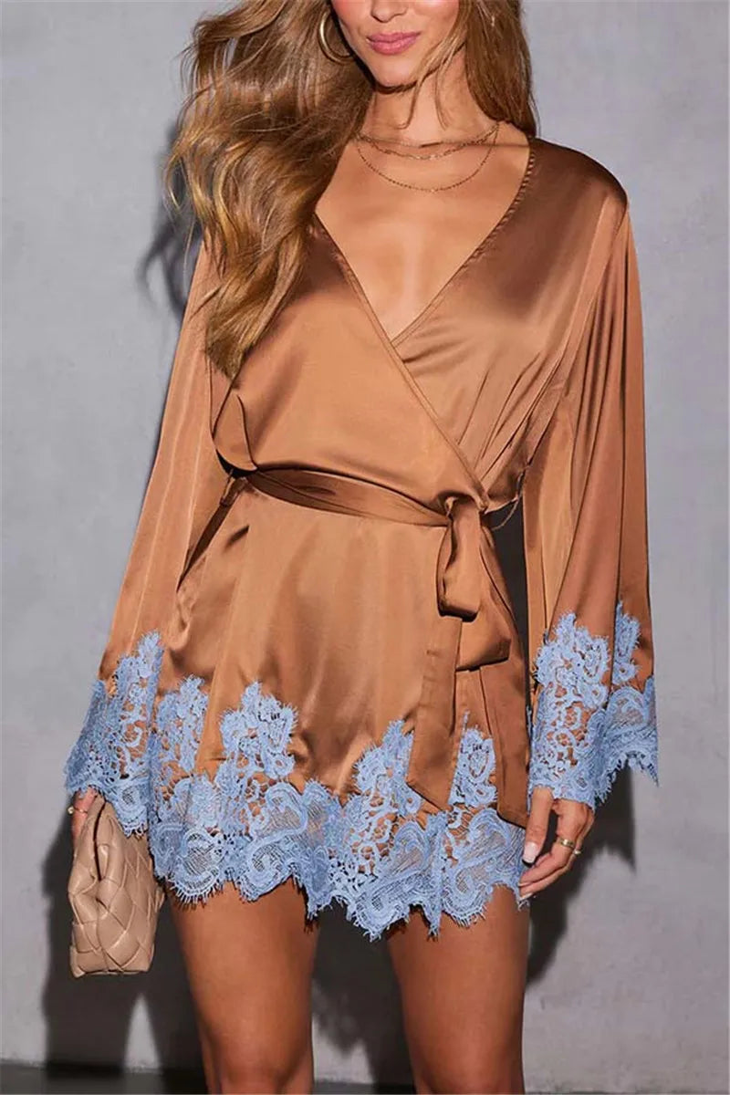 Women's Satin Lace Trim Dress Elegant Contrast Color Long Sleeve V Neck Mini Dress for Daily Nightgown Sleep Robe