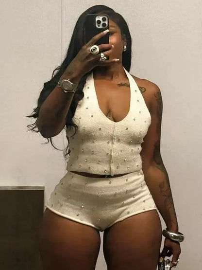 Diamond Women 2 Piece Set Luxury Knit Halter Backless Tank Tops+Shorts Casual Matching Streetwear Stretch Simple Suit