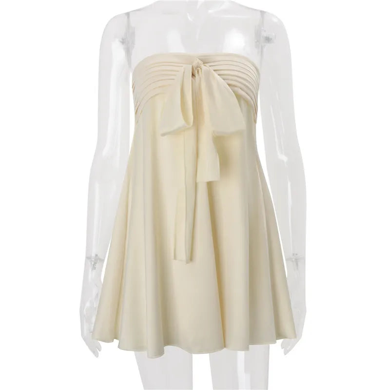 Satin Strapless Bow Mini Dress Women Elegant Ruched Tube Top A Line Dress for Summer Vacation Party Wedding Guest