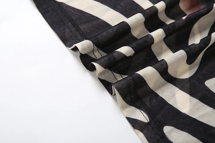 Mesh Patchwork Dress Women Fashion Print Low-Neck Sexy Cleavage Shirring Flared Sleeve Street Wild Style Long Bodycon