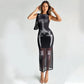 Alternative Skull Print Mesh Black Dress Gothic Clothes Woman Crew Neck Sleeveless Split Long Dresses