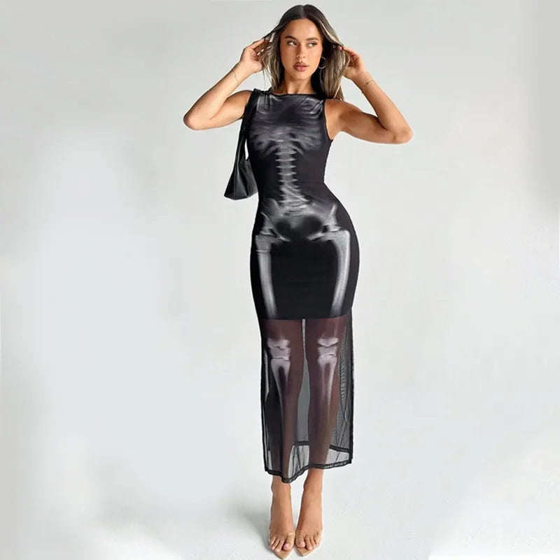 Alternative Skull Print Mesh Black Dress Gothic Clothes Woman Crew Neck Sleeveless Split Long Dresses