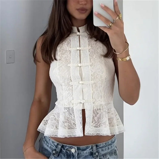 Sexy Semi Sheer Lace Sleeveless Top with Mandarin Collar and Frog Buttons Peplum Hem for Y2K Going Out Streetwear