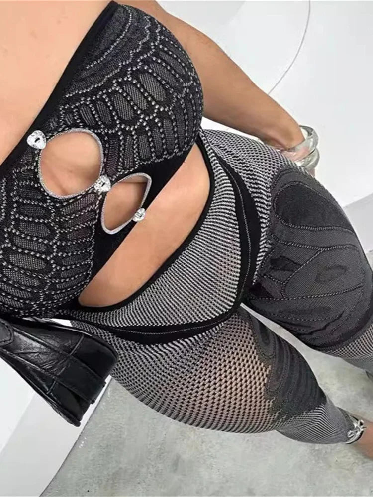 Rhinestones Patchwork Jumpsuit Women Irregular Hollow Slash Neck Backless Sleeveless Sexy Trend Skinny Streetwear