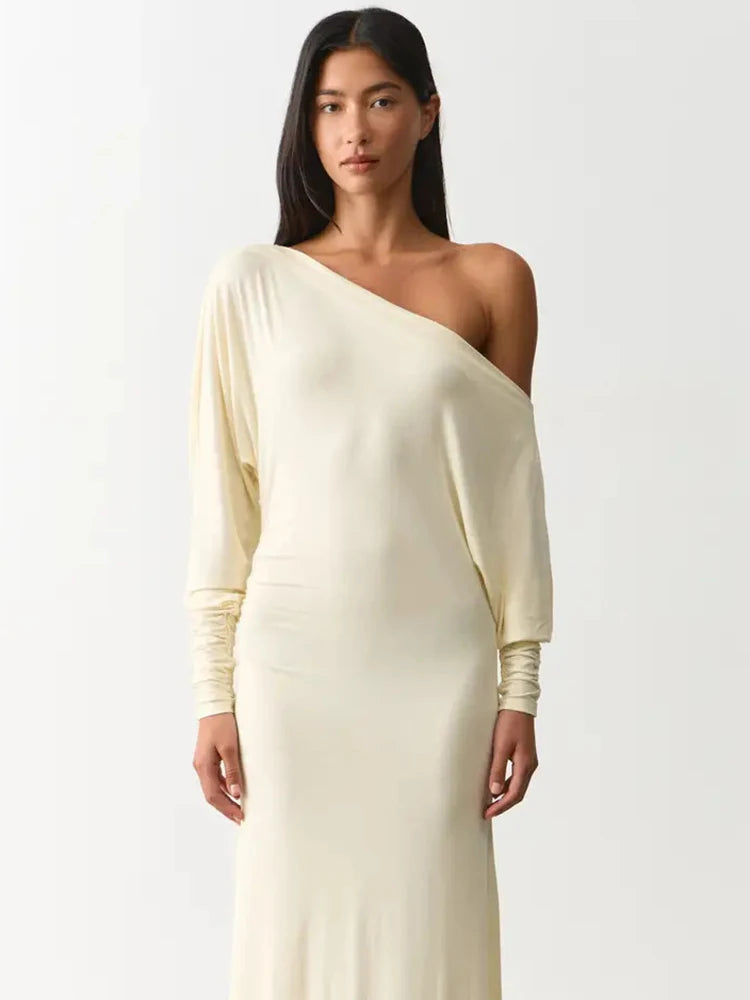 Women Elegant Off Shoulder Sexy Maxi Dress Batwing Long Sleeve Ruched Bodycon Dress Evening Party Wedding Guest Dress