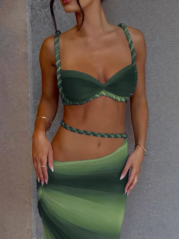 Plait 2 Piece Set Women Square Collar Folds Bandage Bow Bra+Skinny Long Skirts 2025 Summer Party Vacation Beach Suits