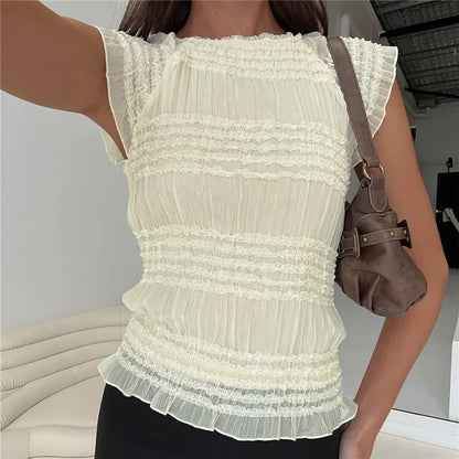 Cottage Vintage Ruffles Hem Shirt Vest Y2k Women Shirred Elastic Tank Tops Summer Sleeveless Slim Fit Crop Tops
