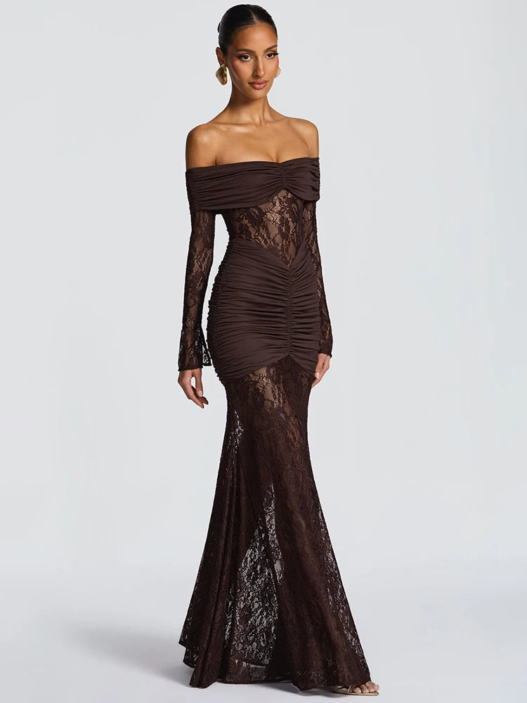 Off-shoulder Long Sleeve Sexy Maxi Dress Women Fashion Lace See Through Strapless Backless Bodycon Club Party Dresses
