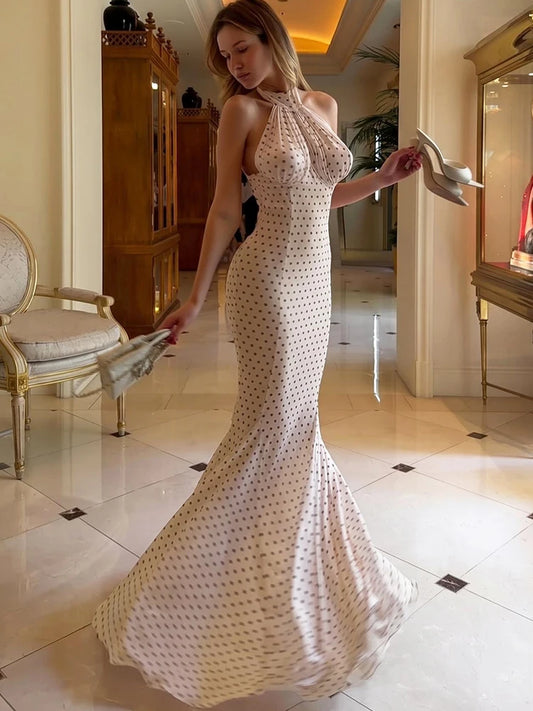 Mesh Patchwork Sexy Backless Halter Dress Women Elegant Polka Dot Print Ruched Sleeveless Simple Trend Party Long Bodycon