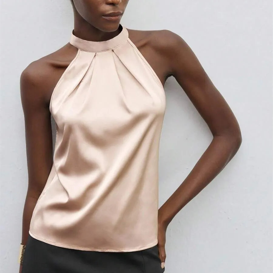 Elegant Satin Halter Neck Tank Tops Women's Sleeveless Solid Color T Shirt Basic Crop Tops Fashion Summer Party Clubwear