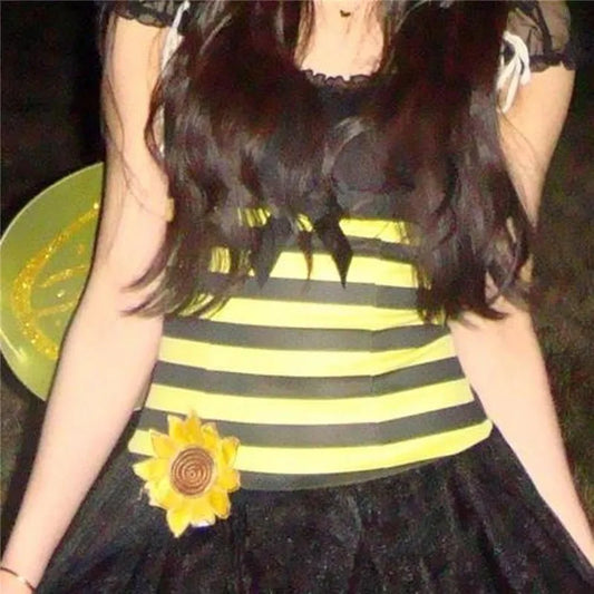 Women Bumble Bee Halloween Costume Dress Striped Mesh Puff Sleeve Bow Sunflower Decoration Tulle Tutu Mini Party Dress