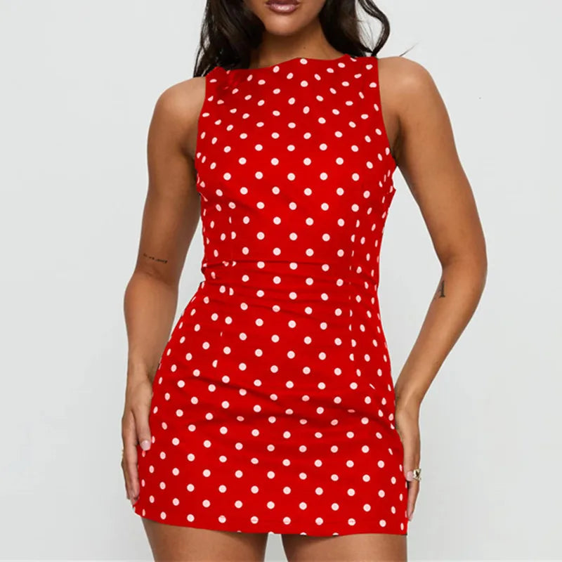 Women’s Summer Tank Mini Dress Elegant Ladies Sleeveless Crew Neck Polka Dots Print Dress Sexy Tie Back Short Sundress