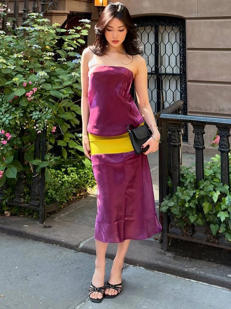 Sexy Color Blocking Dress Women Fashion Trend Bright Silk See Through Sleeveless Elegant Simple Party Street Bodycon