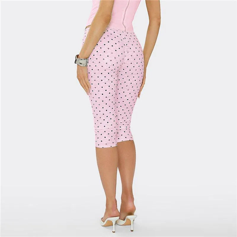 Y2K Retro Polka Dot Lace Capri Leggings Women High Stretch Slim Bodycon Knee Length Cropped Pants Cute Street Bottoms