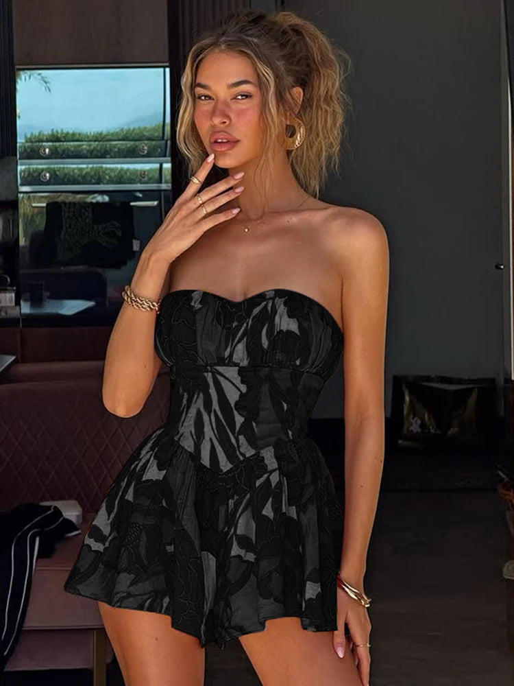 Sexy Off Shoulder Strapless Dress Women Colorful Print  Backless Ruched Ruffles Vacation Y2K Sweet Style Mini Bodycon