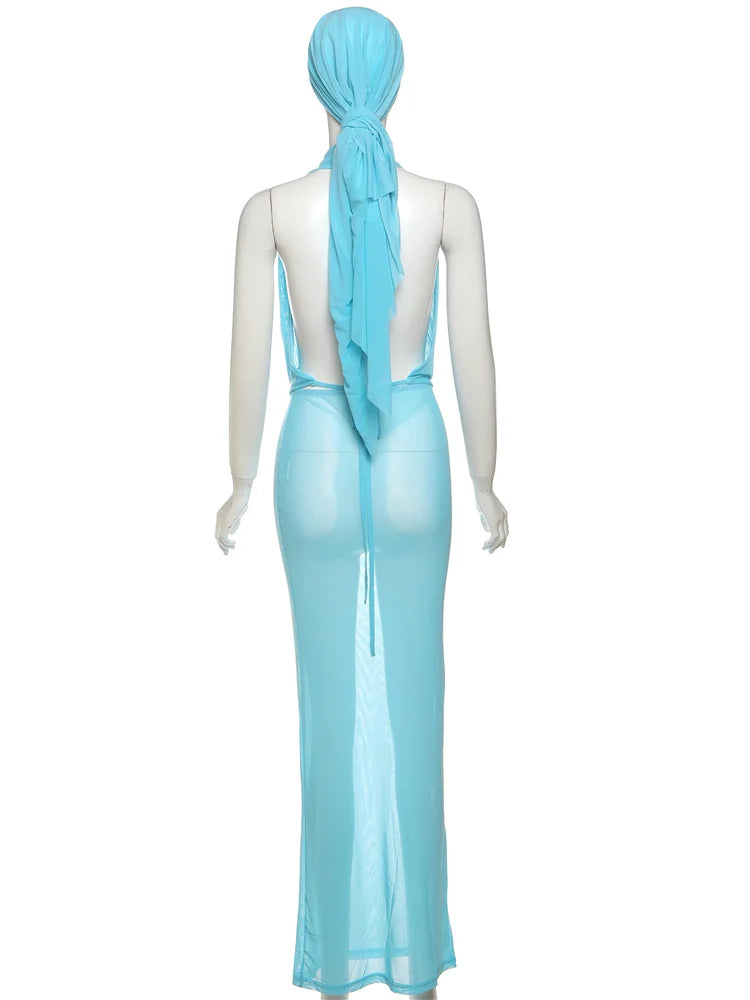 Coquette 3 Piece Set Women Sexy Headscarf+Swing Collar Tank Tops+Maxi Skirts Matching Clubwear Midnight Vacation Suit