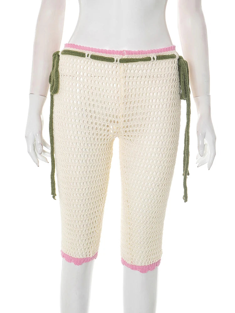 Crochet Shorts Women Coquette Hollow Sash Bandage Sexy Summer Hipster Midnight Clubwear Skinny Stretch Bike Shorts