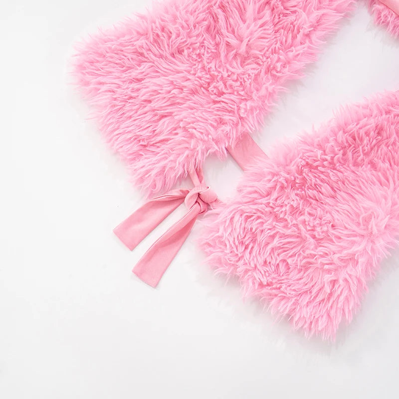 Y2K Furry 2 Piece Set Women Sexy  Halter Backless Tank Tops+Tight Shorts Skinny Casual Activity Matching Streetwear