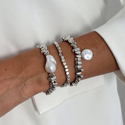 3Pcs/Set Elegant Baroque Imitation Pearl Bracelet Women Trend Silver Color Acrylic Beaded Bracelet Stackable Hand Jewelry