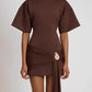 Fashion Short Sleeve Ruched Sexy Mini Dress Women Elegant Metal Decoration Solid O Neck High Waist Club Dresses New