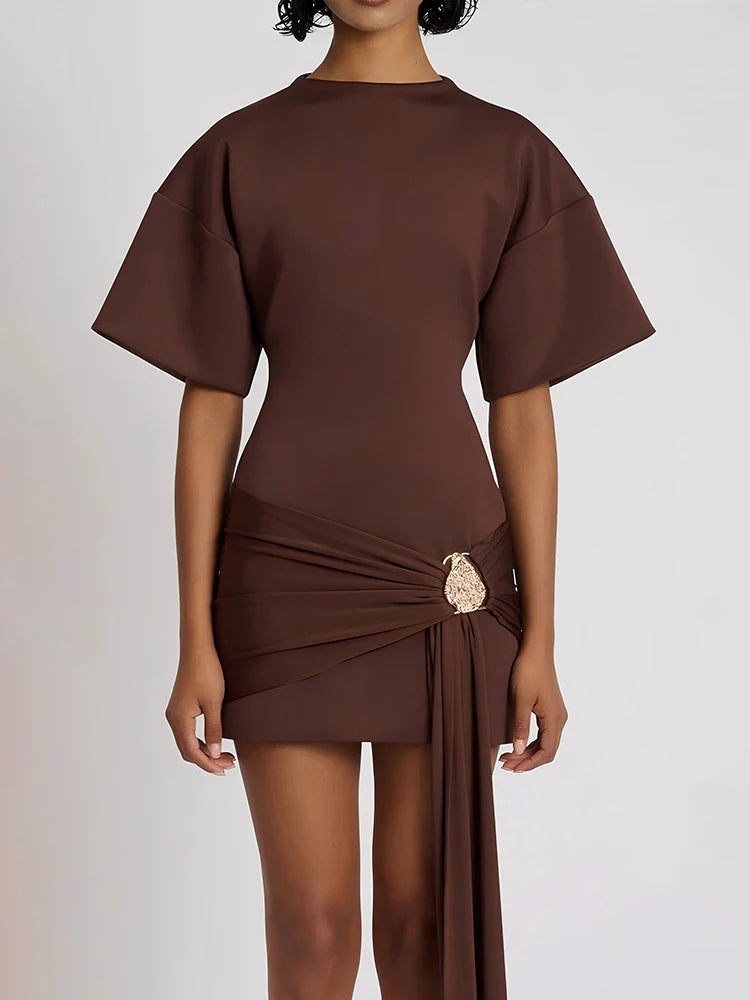 Fashion Short Sleeve Ruched Sexy Mini Dress Women Elegant Metal Decoration Solid O Neck High Waist Club Dresses New