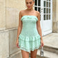 Women Strapless Lace Corset Bodycon Mini Dress Ruffle Trim Layered Irregular Chiffon Hem Back Zipper Party Club Dress