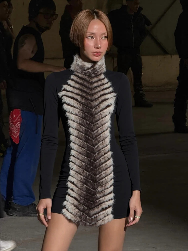 Tiger-Striped Plush Dress Women Patchwork Turtleneck Full Sleeve Skinny Autumn Winter Trend Street Fashion Mini Bodycon