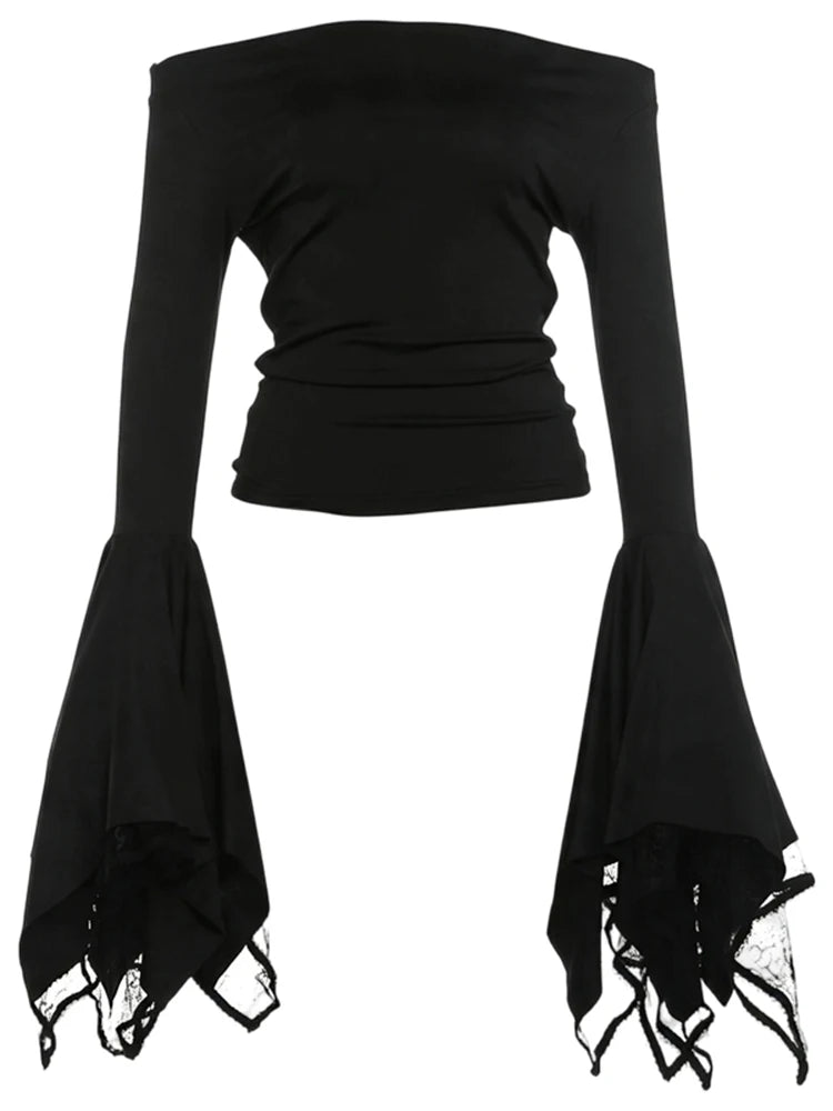 Music Festival 2-Piece Set Women Irregular Long Flare Sleeve Off-Shoulder t-Shirt+Lace Simple Short Sexy Fashion Suit