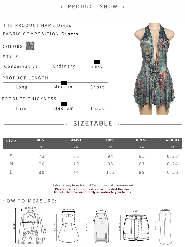Fashion Print Mini Dress Women Halter Deep V-Neck Sexy Backless Ruched Ruffles Hem Vacation Trend Beach Party Outfits