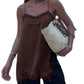 Women Lace Trim Satin High Low Tops Silk Spaghetti Strap Side Split Asymmetrical Cami Top Flowy Silky Layering Tops